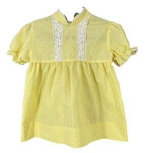 Vintage Girls Dress Swiss Dot Lace Cottage Coquette Puff Size 18 Months Yellow